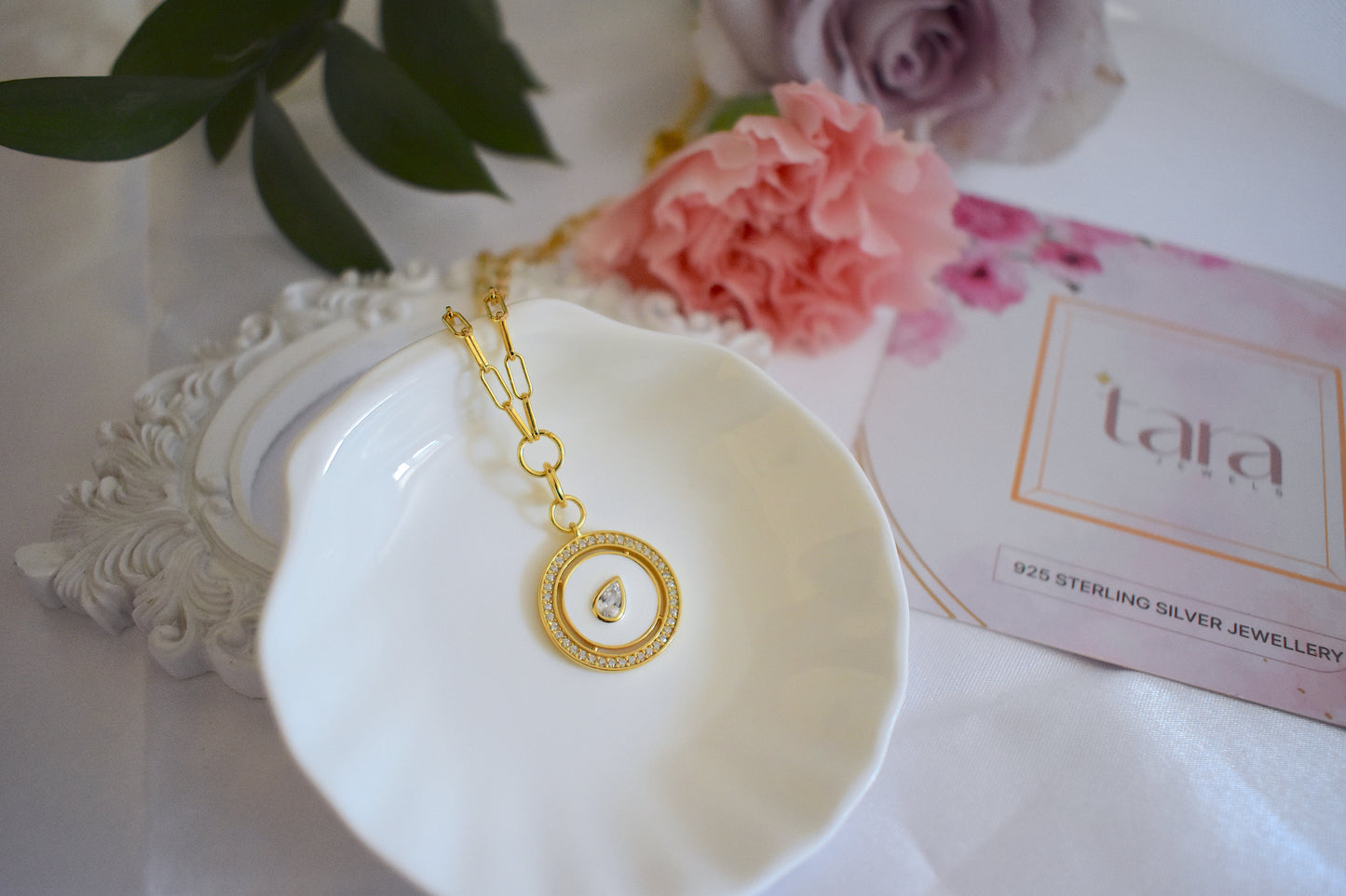 Scarlett || Pear diamond enamel medallion pendant necklace