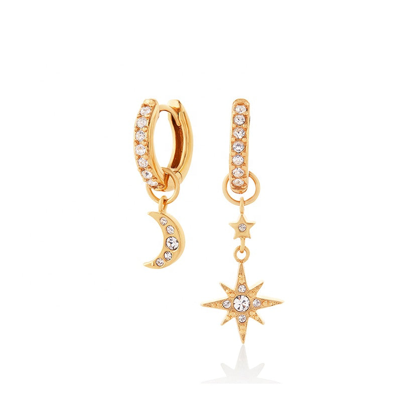 Emilia || Dainty diamond asymmetrical moon & star gold hoops earrings