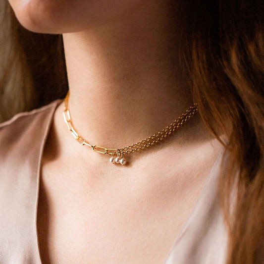 Lucy || Gold pearl set jewelry link choker necklace