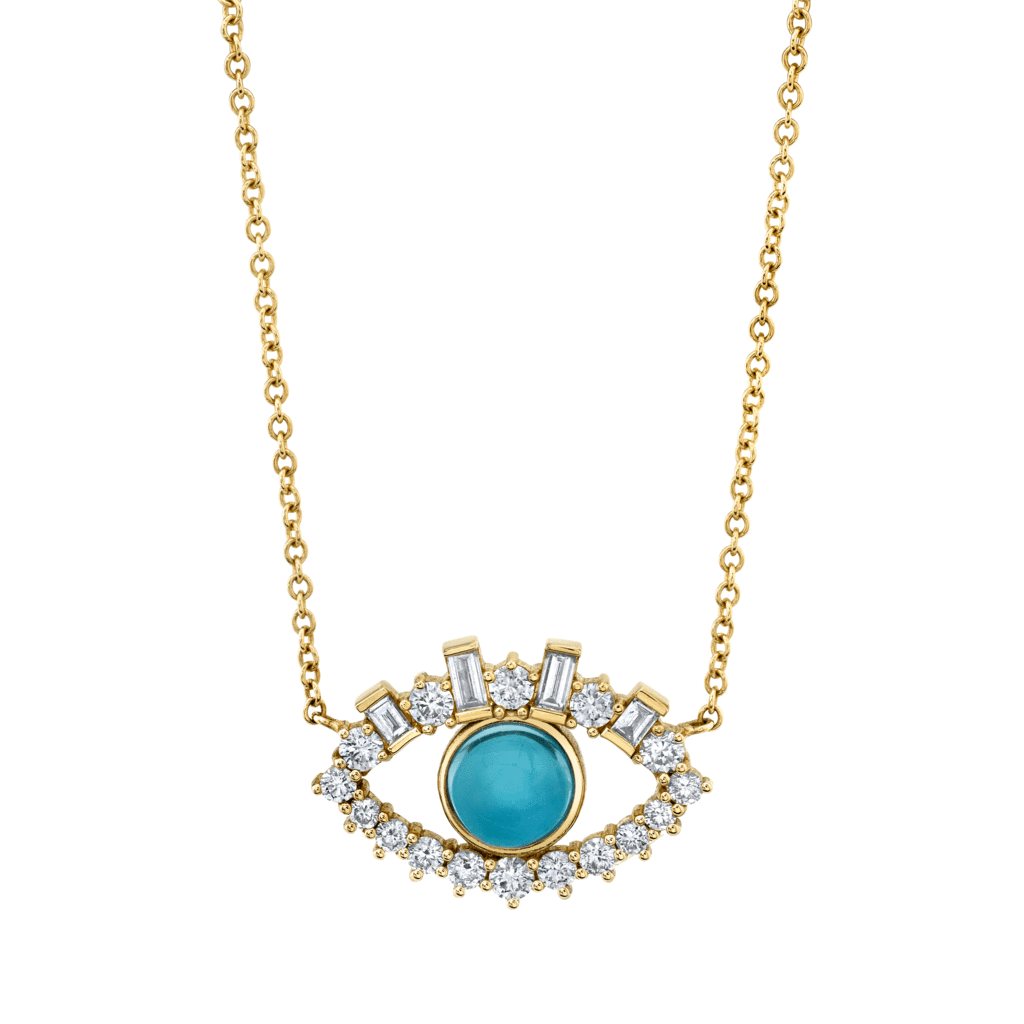 Leah || Evil eye blue sheen moonstone and baguette diamond necklace